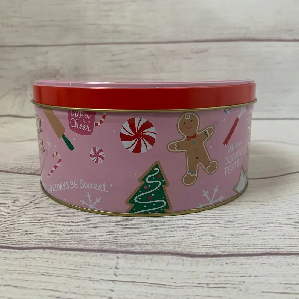 Vintage Pink Christmas Cookies for Santa Tin Empty Metal Storage Box Snowflakes